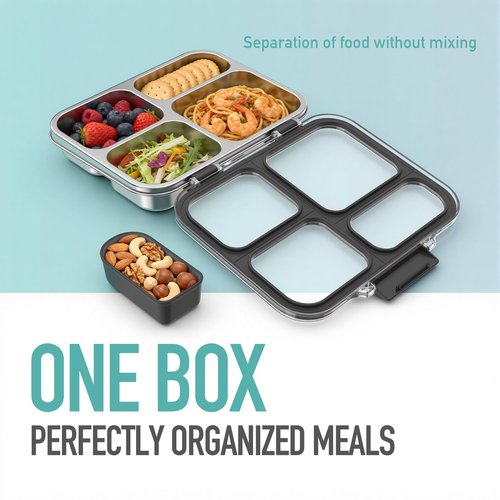 Eoika Stainless Steel Bento Box for Kids with Silicone Container, 4 Compartment Metal Lunch Box Kids Adults, Removable Silicone Seal & Clear Lid, Leak Proof Food Storage Container for MealBlack