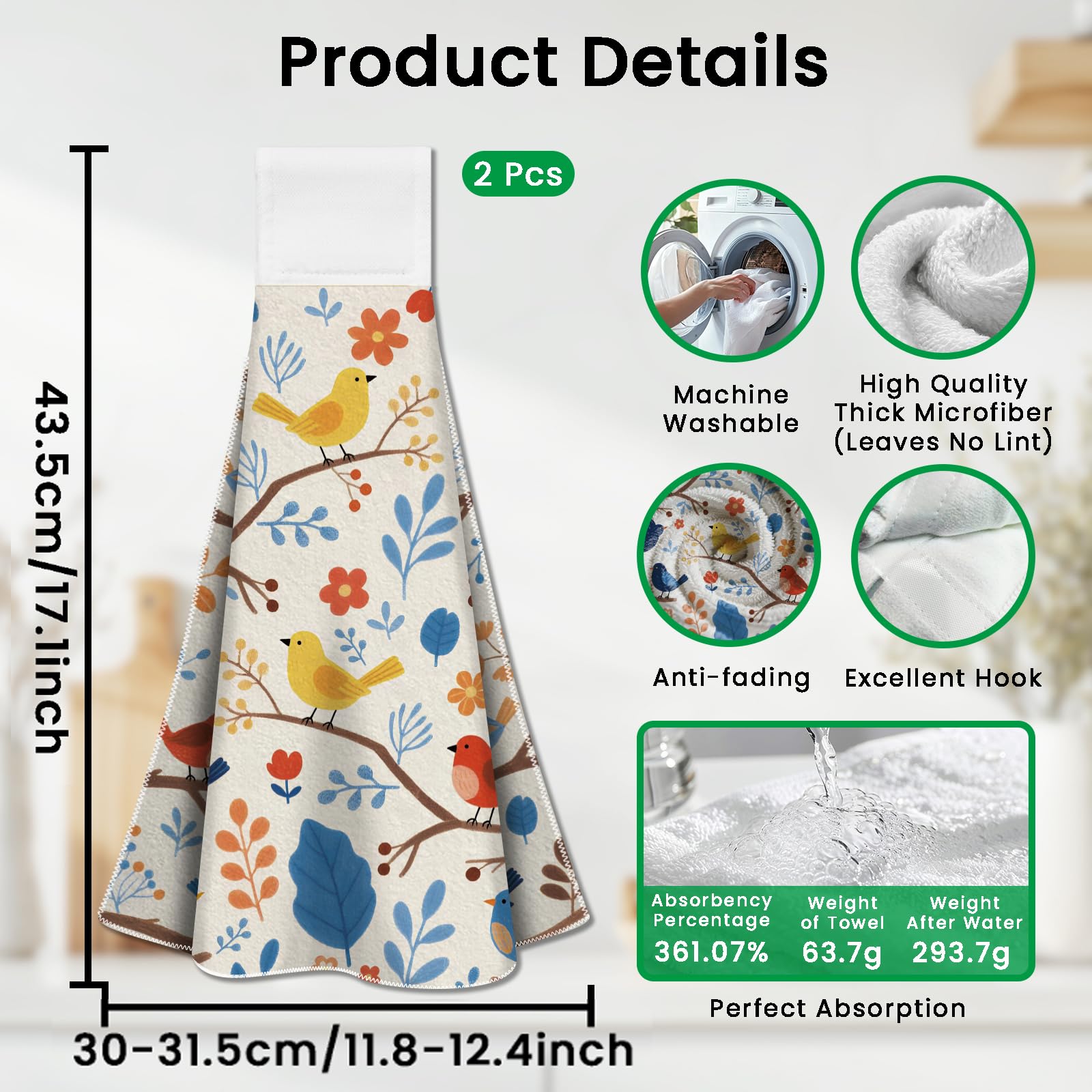 CUTHOLLOW Cartoon Flower and Bird Hanging Kitchen Towels with Loop, Set of 2 - Soft & Super Absorbent Microfiber Decorative Hanging Dish & Hand Towel, Tea Coffee Towel for Kitchen Bathroom Oven Handle