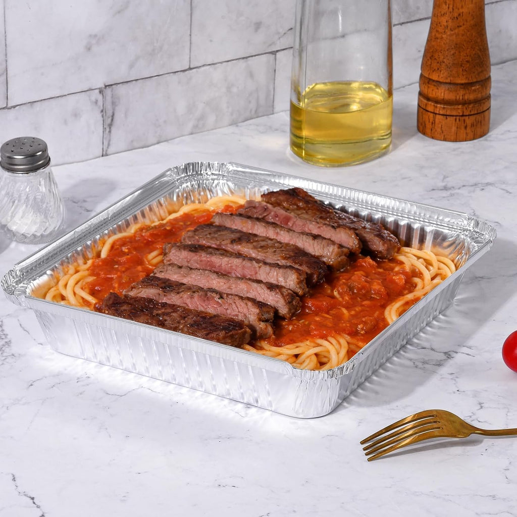Aluminum Pans | 50 Pack Disposable 8x8 Inch Foil Baking Trays - Ideal for Cooking & Food Storage