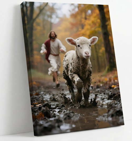 Jesus Canvas Wall Art - Good Shepherd Artwork Featuring Lost Lamb | Christian Decor for Home & Church