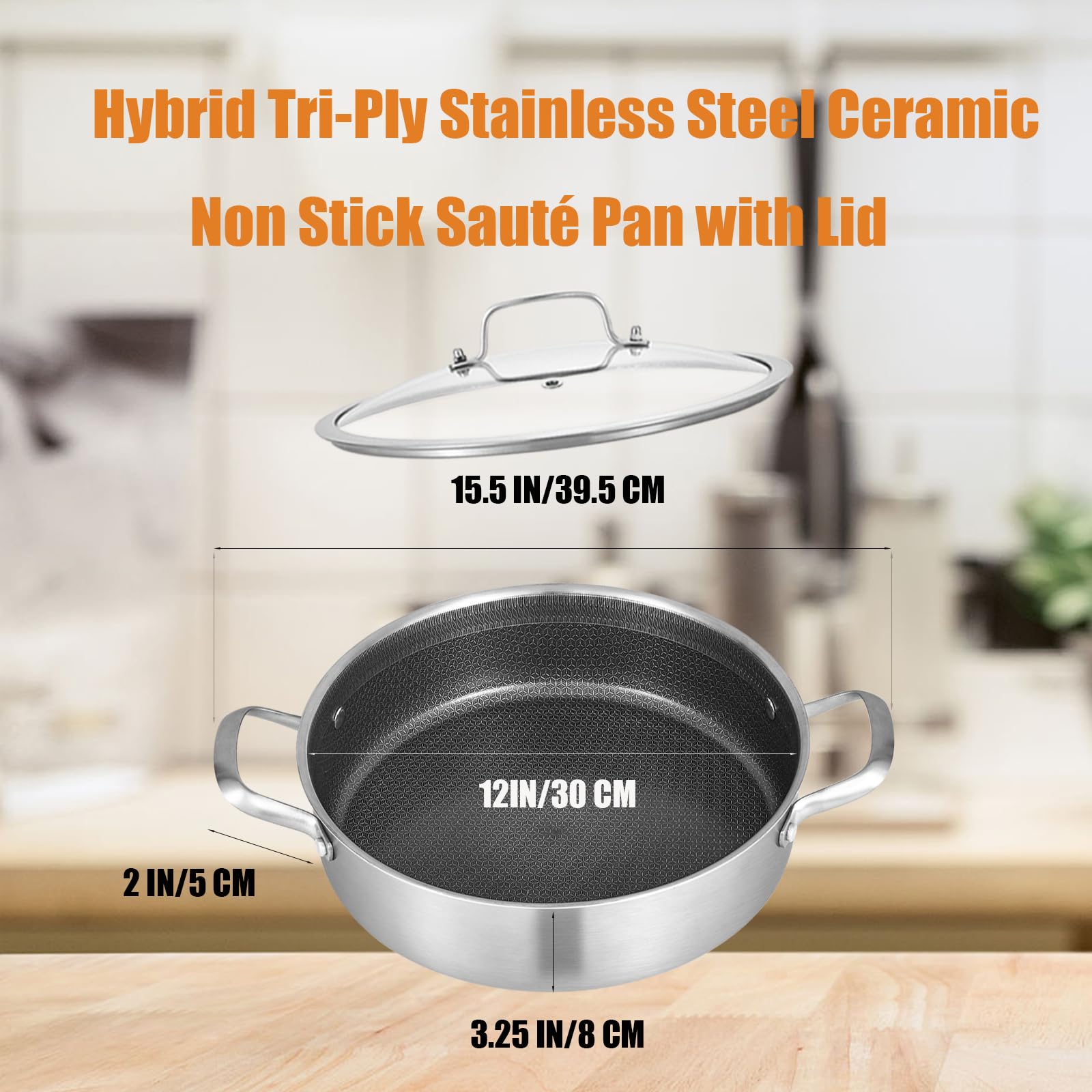 Inqibee 6 QT Hybrid Nonstick Saute Pan with Lid, Tri-Ply Stainless Steel 12 Inch Deep Frying Pan Cookware, Induction Compatible, All Cooktops, Oven & Dishwasher Safe