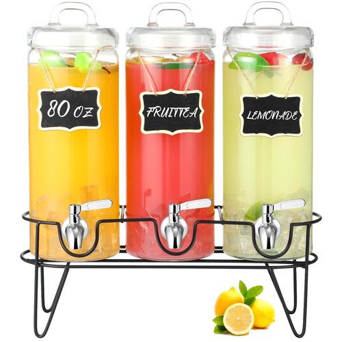 RimCereal 3 Pack 80 oz Tall Glass Drink Dispenser with Stand, Lid, Label and Stainless Steel Leakproof Spigot Beverage Water Dispenser Clear Mason Jar for Party Fridge(Round)
