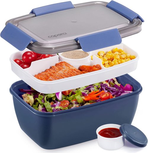 Caperci Large Salad Container Bowl - 68 oz Bento Lunch Box with 5 Compartments & 2 Sauce Cups | Stackable, BPA-Free (Navy)