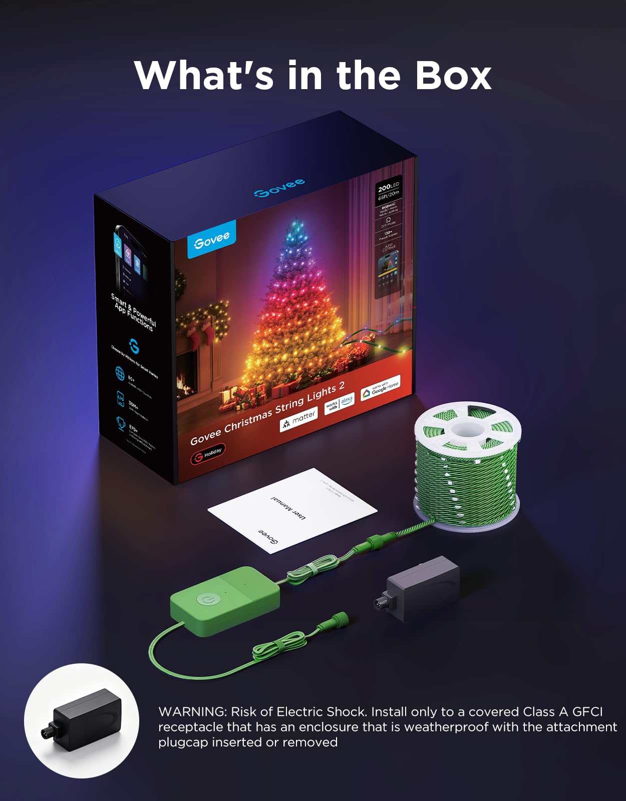 Govee Christmas Lights 2, RGBWIC 66FT 200LEDs Holiday String Lights with Shape Mapping Function, Smart LED Decoration for Indoor Outdoor Tree, 130+ Preset Scenes, Voice and APP Control, Green Wire