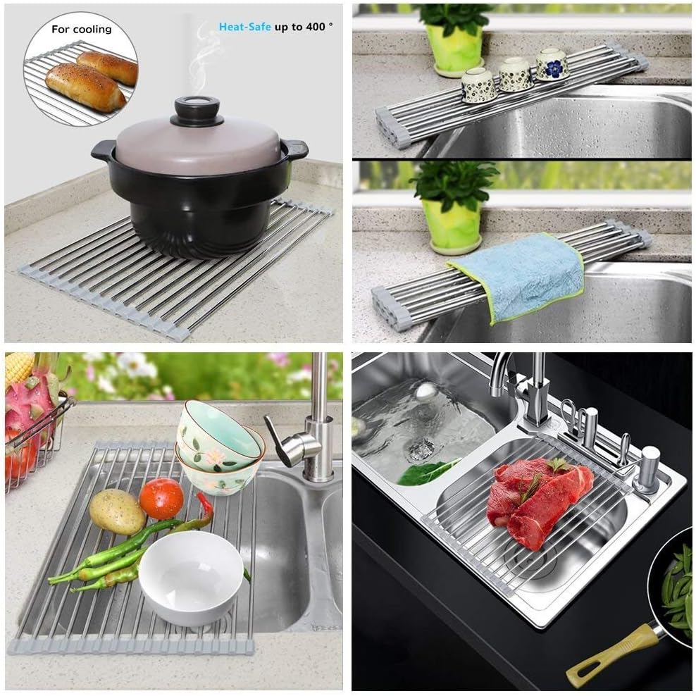 Skiennix Roll-Up Dish Drying Rack - 304 Stainless Steel, Foldable & Space-Saving | 17" x 13.5" - Black