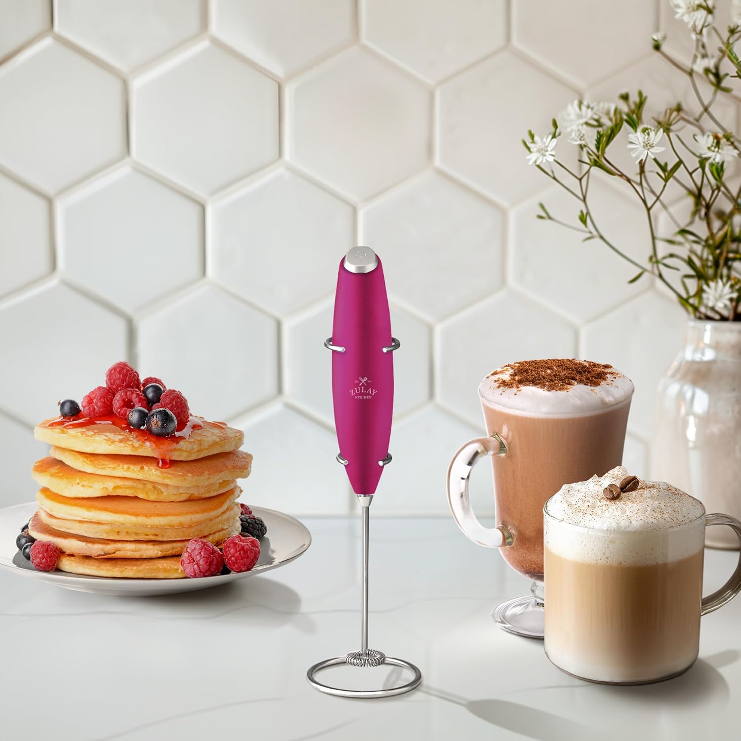 Zulay Kitchen Milk Frother Wand - Ultra-Fast Handheld Electric Whisk for Coffee & Lattes - Includes 4 AA Batteries - Dragonfruit