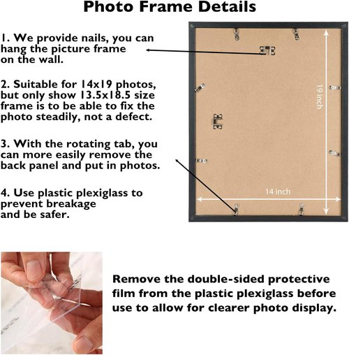 JCJMY 14x19 Picture Frame - Black Wall Gallery Frame for Horizontal & Vertical Photos | Shatter-Resistant Plexiglass