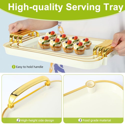 Zufudo 3 Pack Serving Tray with Handles, Stackable Reusable Trays for Serving Food, Plastic Serving Platters for Party, Charcuterie, Fruit, Appetizer, Cream Gold