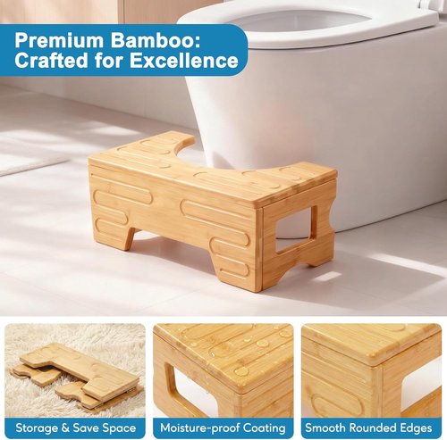 Bamboo Foldable Toilet Stool - Adjustable 7" & 9" Heights, Non-Slip Design for Kids & Adults | Compact & Space-Saving (Natural Color)