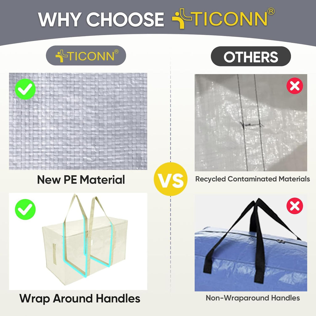 TICONN Extra Large Heavy-Duty Moving Bags - Durable Storage with Zippers & Handles | 2 Pack, Cream