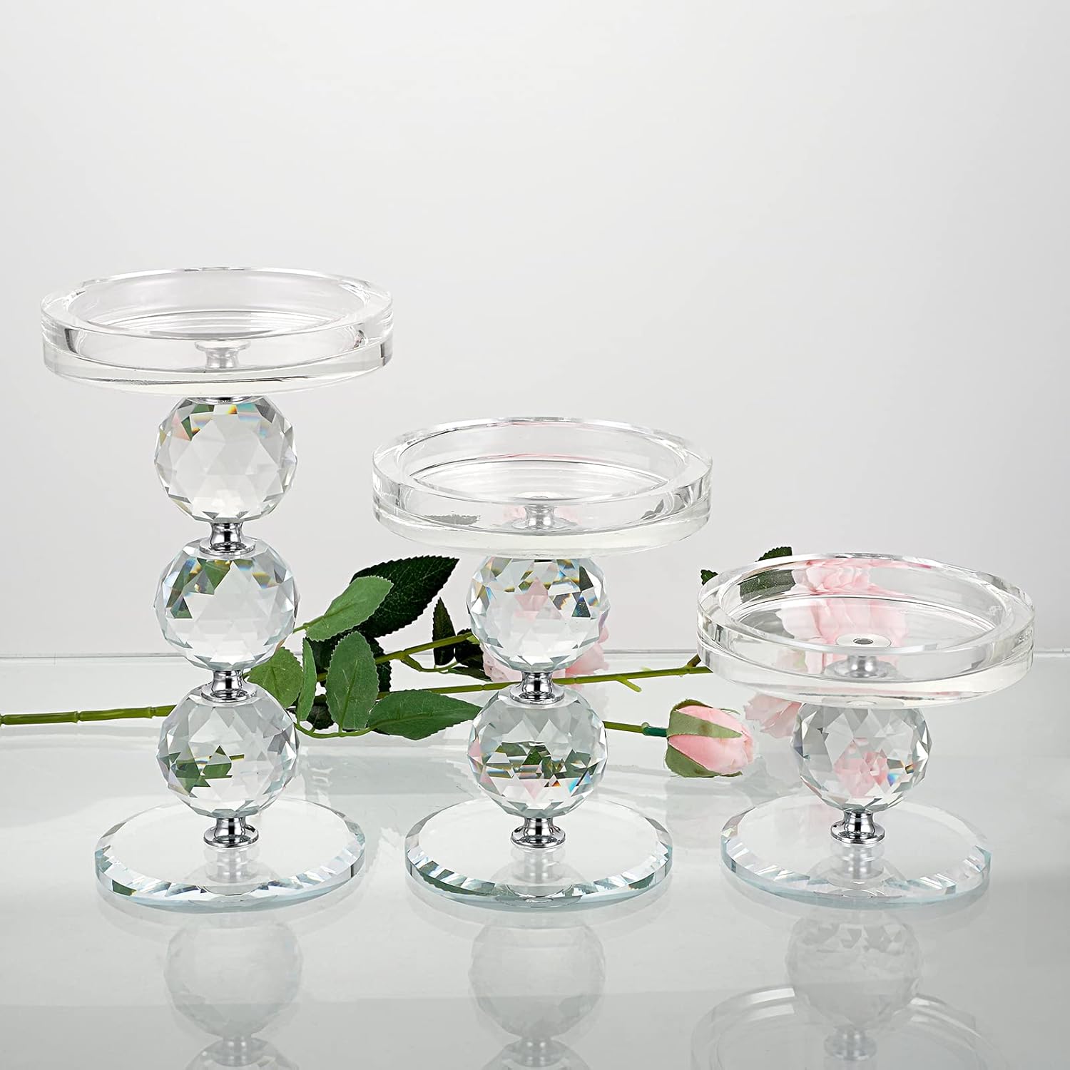 OwnMy Crystal Glass Pillar Candlestick Holders - Set of 3 Modern Tealight Votive Stands for Weddings & Home Decor