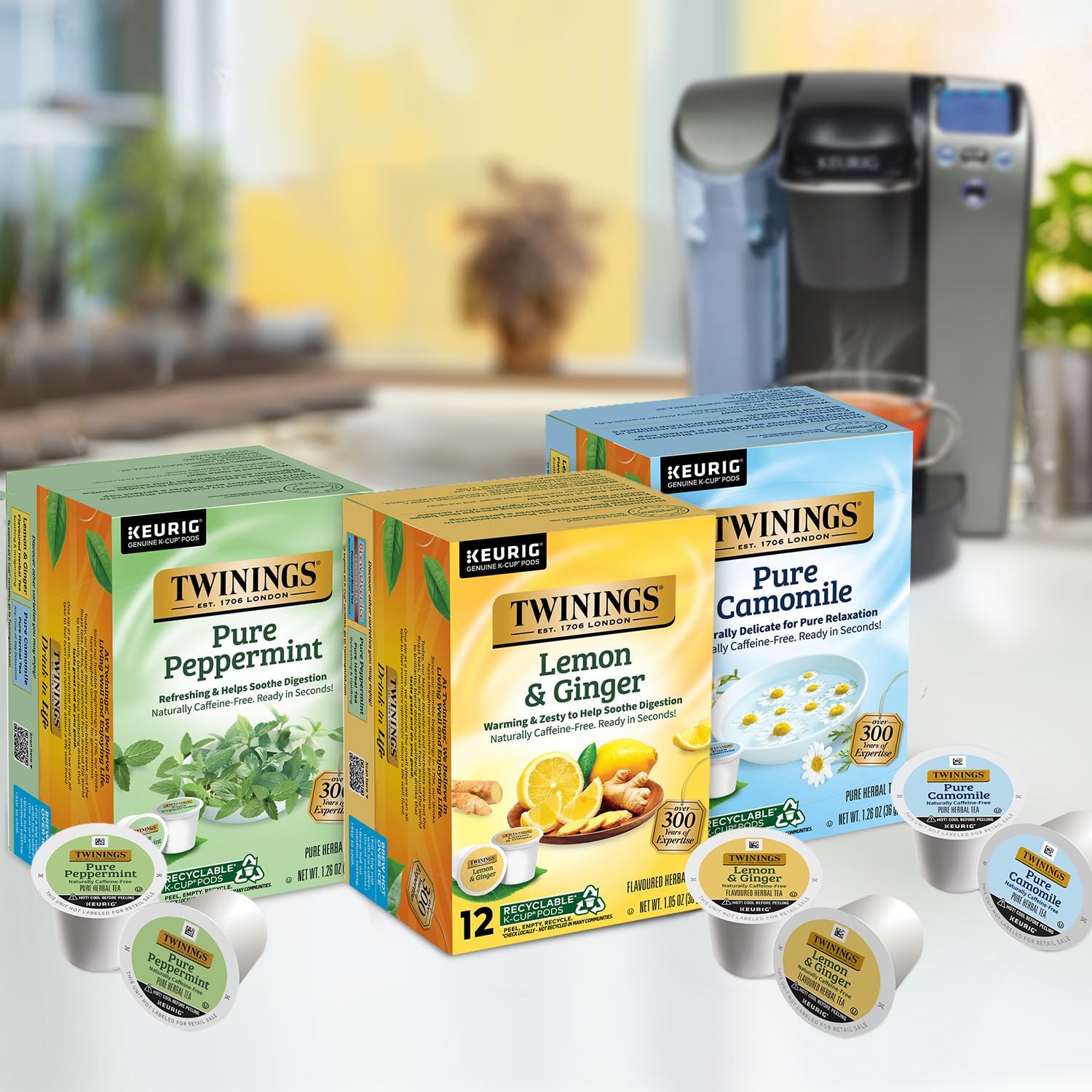 Twinings Herbal Tea K-Cup Pods for Keurig, Variety 3-Pack – Pure Peppermint, Pure Camomile + Lemon & Ginger Tea K-Cups, Naturally Caffeine-Free, 12 Count Each