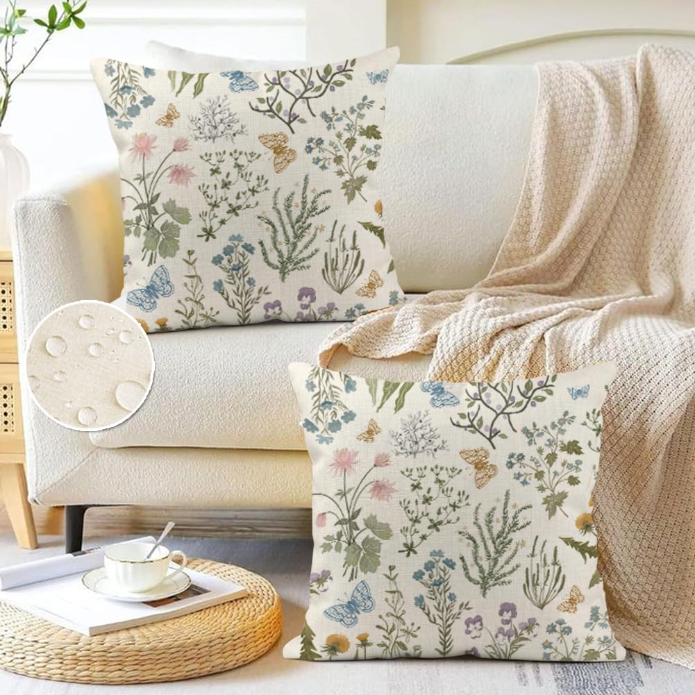 ARGOOFG Outdoor Spring Pillow Covers 18x18 Inch Set of 2,Waterproof Daisy Throw Seasonal Floral Outdoor Decorative Square Linen Farmhouse Decor Cushion Covers for Home Sofa Bed Couch Pillow Covers
