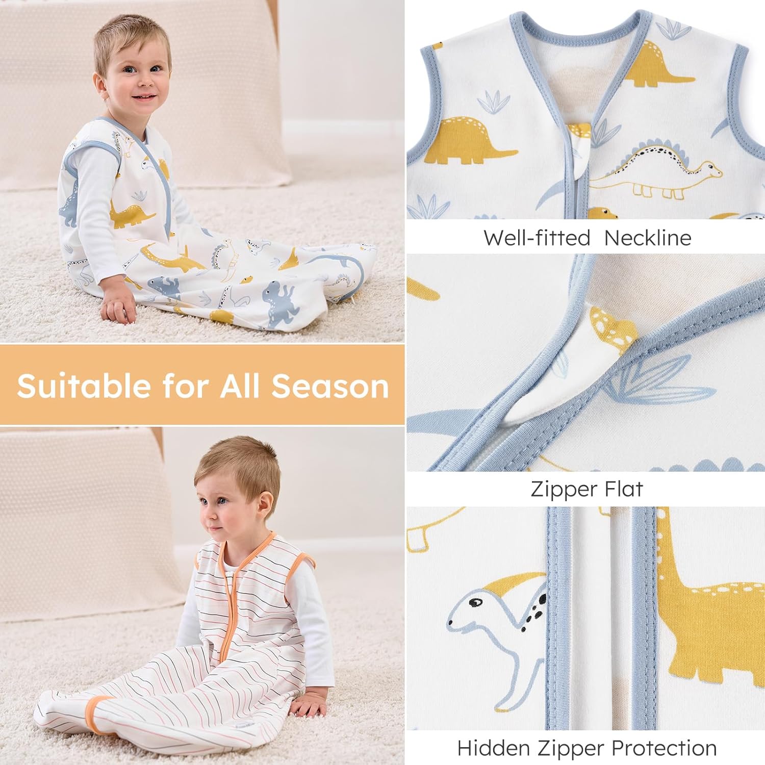 Yoofoss Baby Sleep Sack | 100% Organic Cotton Wearable Blanket for 6-12 Months | 2-Way Zipper, 3 Pack
