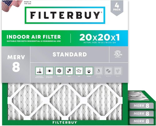 Filterbuy 20x20x1 Air Filter - MERV 8 Essential Dust & Allergy Defense | 4-Pack Electrostatic Pleated HVAC Filters (Actual Size: 19.50 x 19.50 x 0.75)