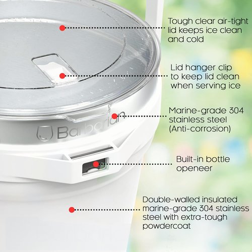 Barbarian Beverage Bucket, Double-Wall Vacuum Insulated Ice Bucket with Lid, Extra Large 7 Litre Capacity with Ice Scoop and Built-In Bottle Opener, White