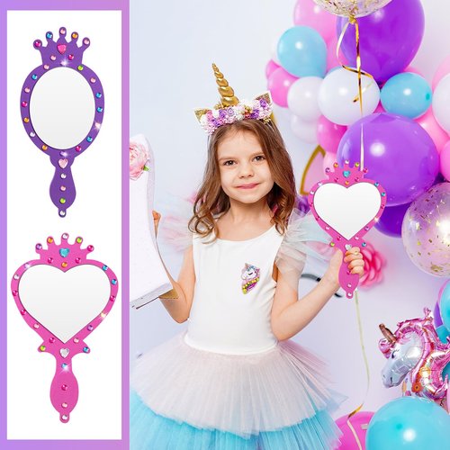 Geetery 20 Pcs Unbreakable Kids Mirror DIY Decorate Your Own Princess Mirror Mermaid Princess Foam Small Crafts for Princess Party Decorations(Purple, Pink)