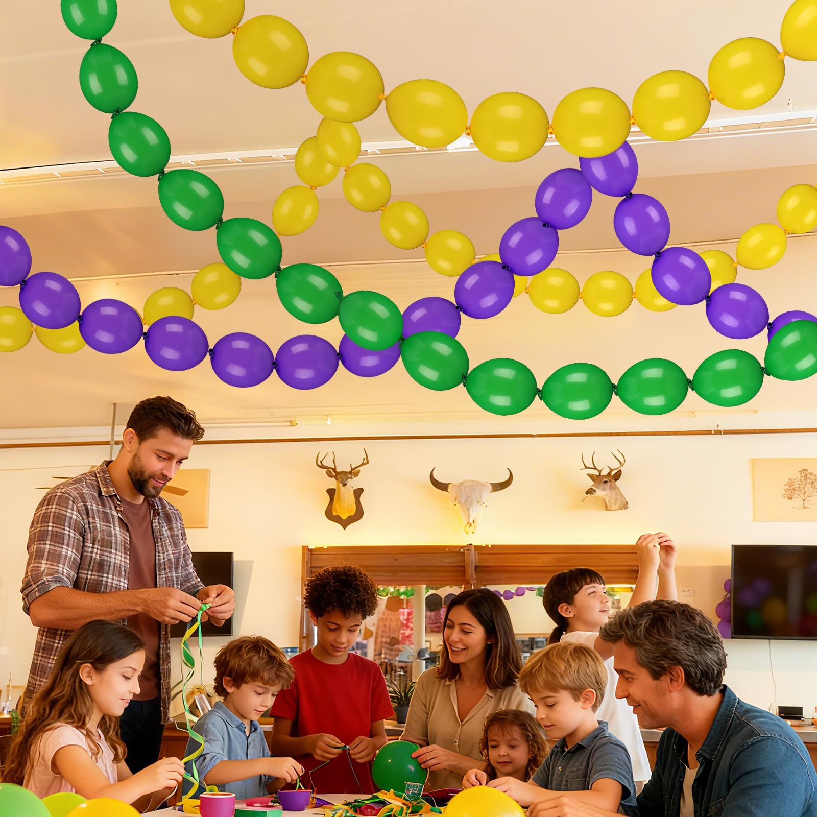 Soulchen 255 Pcs 6 Inch Mardi Gras Linking Balloons Decoration Green Gold Purple Link Balloons Jumbo Mardi Gras Bead Garland Ball Banner for Indoor Outdoor Carnival Birthday Wedding Graduation Decor