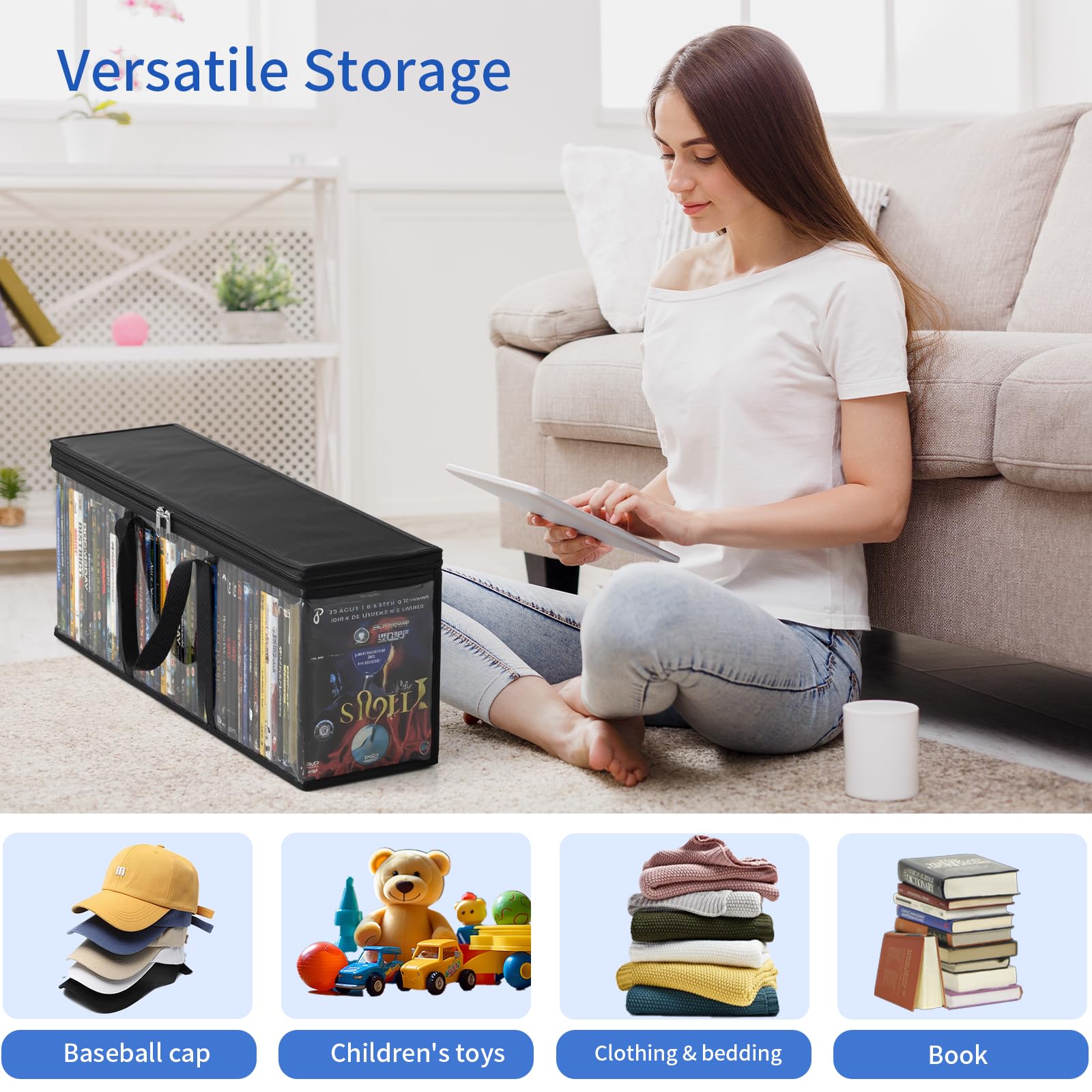 DVD Storage Bags, Media Organizer Bags for DVDs, CDs, Blu Ray Disc, Movie Cases, VHS Box, Video Game Disks, Albums, Books, Clear Plastic Holders with Carrying Handles (Black, 4Pack)