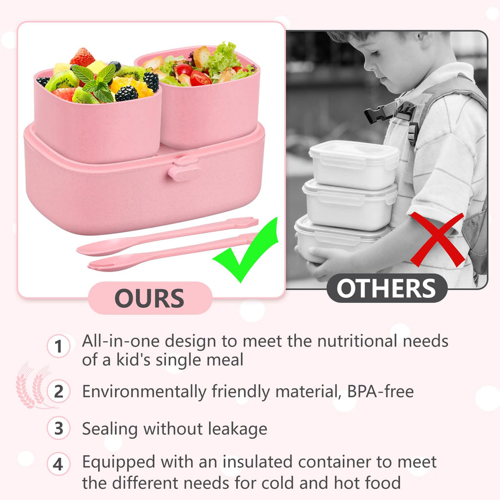 Bento Lunch Box for Kids with 8oz Soup Thermo,2 Leak-Proof Food Containers, a Lunch Bag, Kids Thermo Insulated Hot Food Jar for School, Travel-Pink