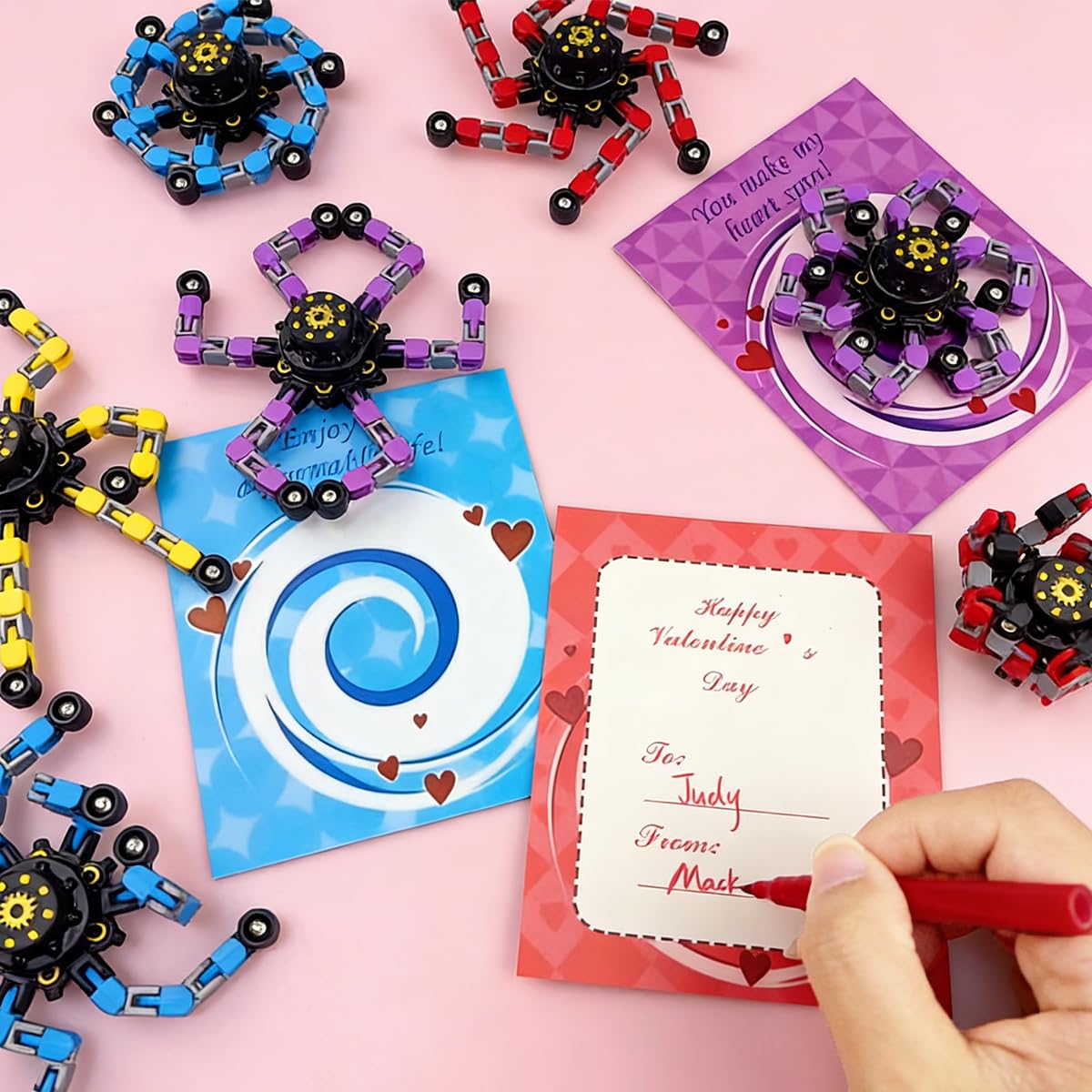 Anditoy 24 Pack Mechanical Transformable Fidget Toys with Valentines Cards for Kids Valentines Day School Class Classroom Gifts Prizes Exchange Party Favors