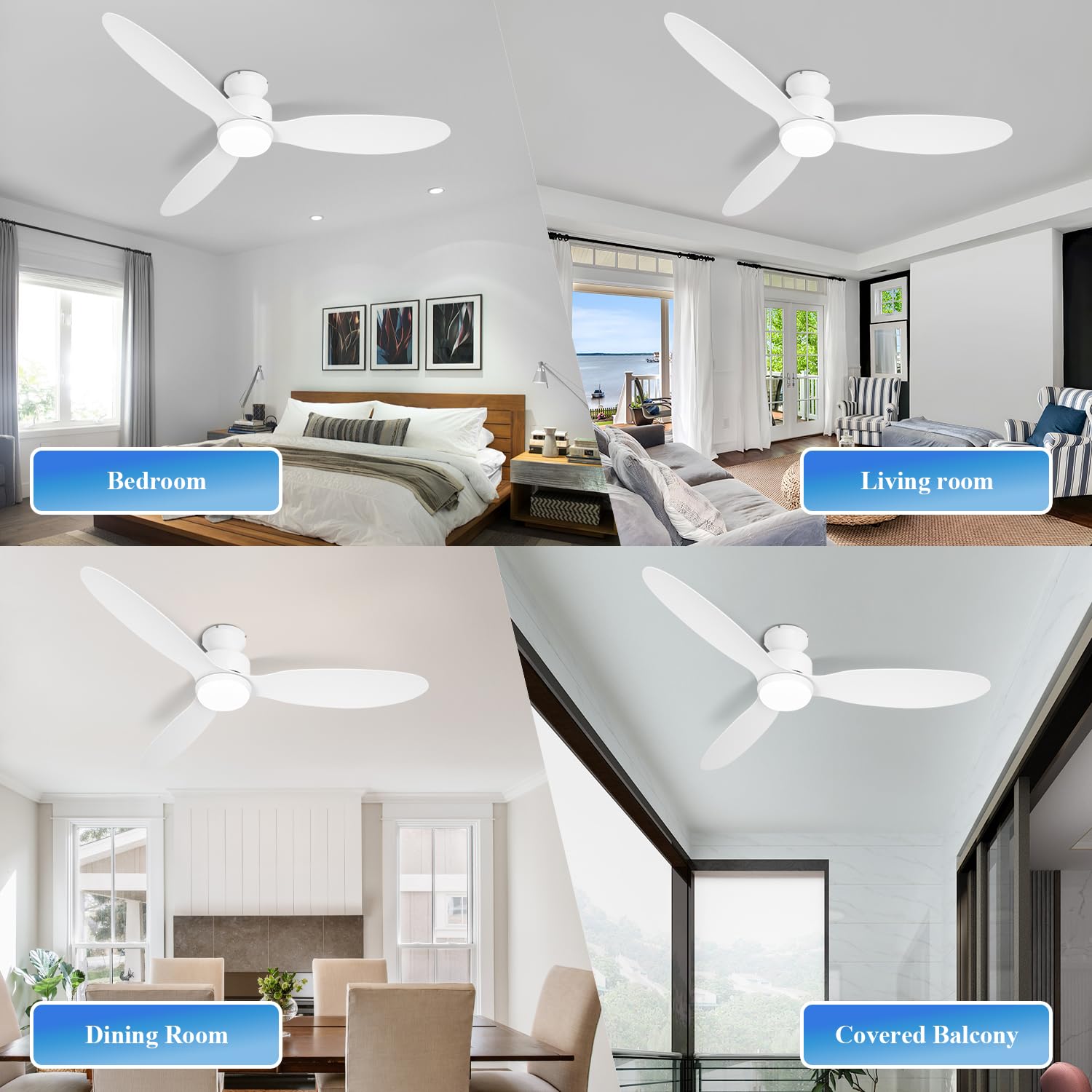 OUATER 52 inch Ceiling Fan with Light and Remote, Flush Mount Low Profile Ceiling Fans with Remote, 3 Color Light, 6 Speed, DC Motor, (ABS, Classic White)