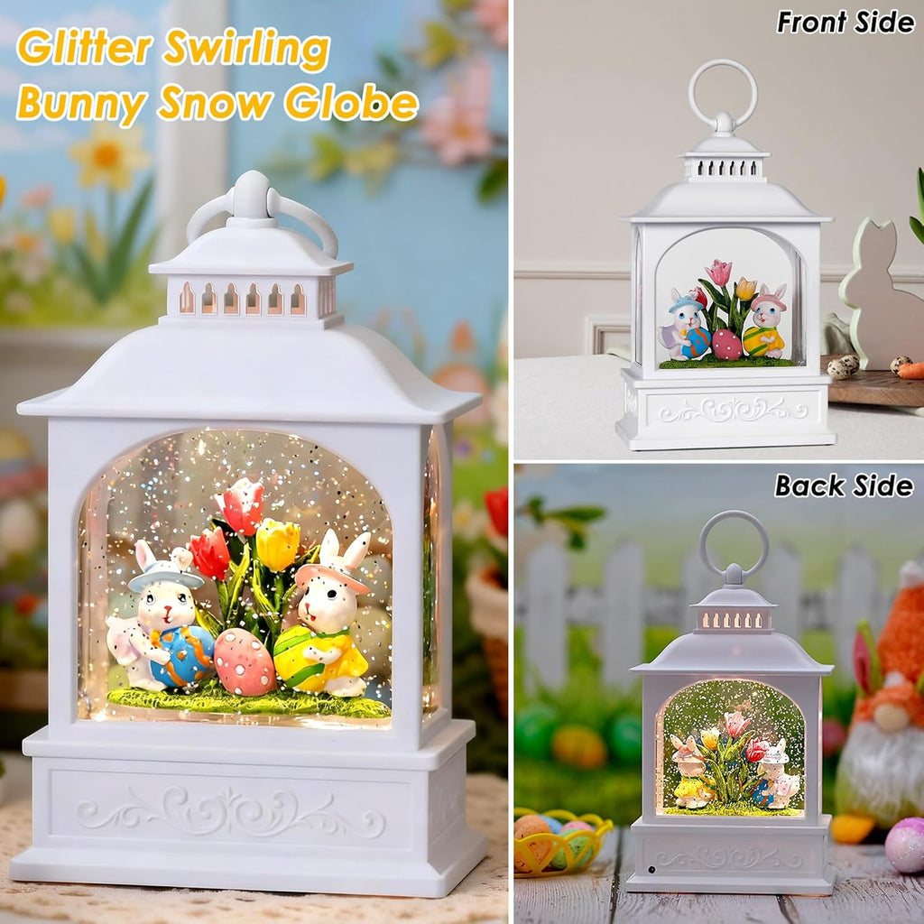 Skiennix Easter Bunny Snow Globe - Glitter Lantern with 6-Hour Timer for Spring Decor