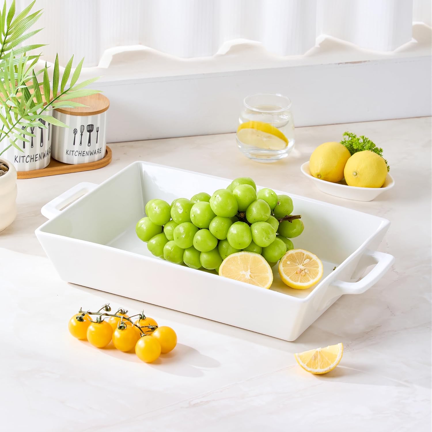 Regine Switzerland 4.6 Qt Large Rectangular Ceramic Baking Dish - 14x10 Inch Casserole Pan with Handles for Oven, Microwave, and Dishwasher Safe Use