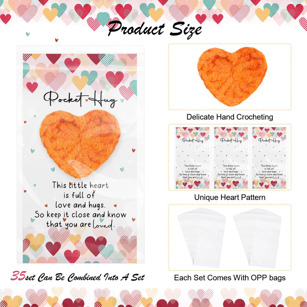 Mindsoft 35 Sets Emotional Cheer Support Gift Bulk Cute Hand Crocheted Pocket Hug Heart Inspirational Cards and Bags Party Favor for Preschool Toddler Boy Girls
