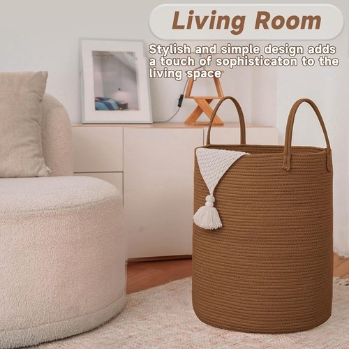 JMvicyroam Large Woven Laundry Basket - 60L Cotton Rope Storage Bin for Blankets, Toys & Clothes | Golden Jute