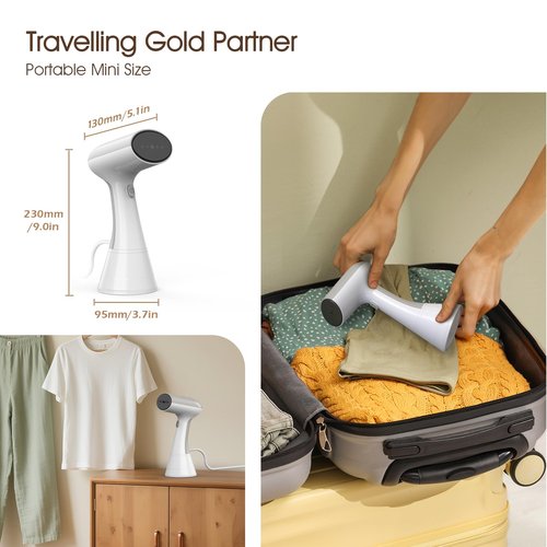 PWWJ Handheld Garment Steamer - 1000W Portable Travel Steamer, 20s Rapid Heat-Up, 0.8kg Lightweight Fabric Iron with 302°F Dry Steam for Home and Travel, 220ml, White
