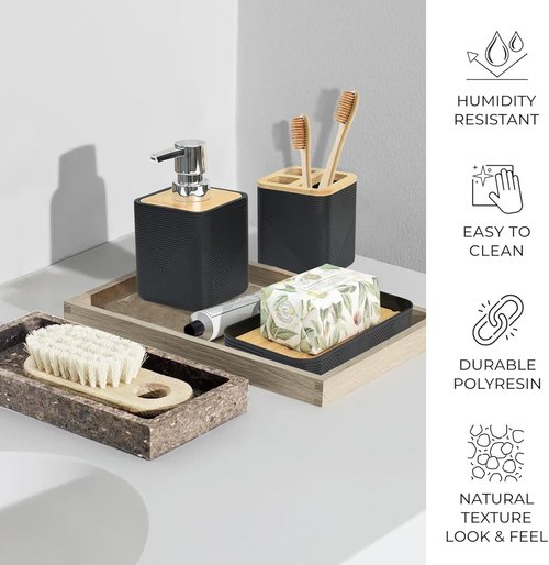 CERBIOR 6-Piece Bamboo Bathroom Accessories Set - Stylish Soap Dispenser, Toothbrush Holder & More | Black