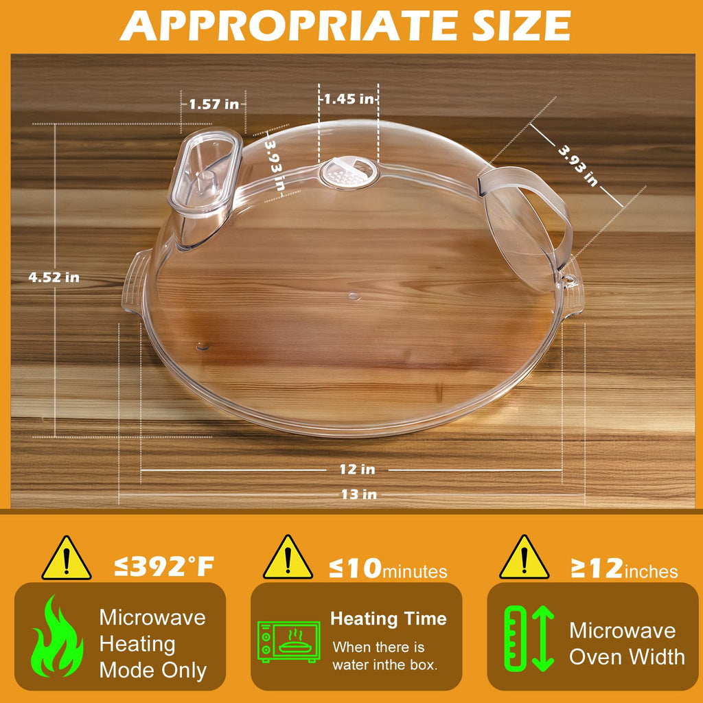 WENWELL Microwave Splatter Cover for Food with Water Steamer 12 inch Clear Kitchen Integrated Handle Splatter Guard Plate Covers Microwave Lid BPA-Free, Clear Safe Plastic