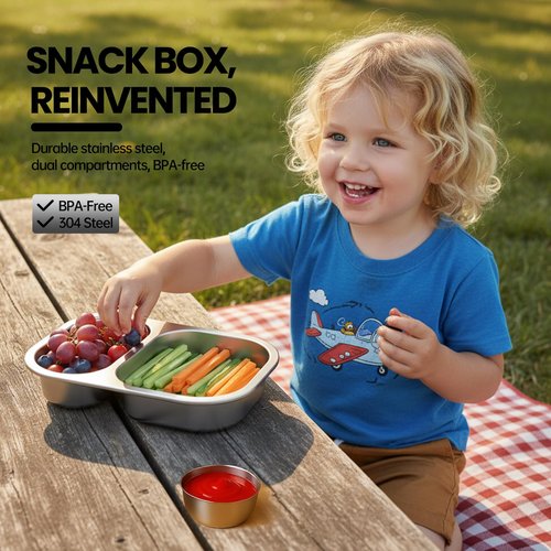 CODIEKEY Snackle Box Container,Dishwasher,Reusable Snack Containers With Lids,2 Compartment Stainless Steel Snack Containers,Fruits, Snacks,Nuts,Salad,travel,800ML,White&Orange,1 Pack