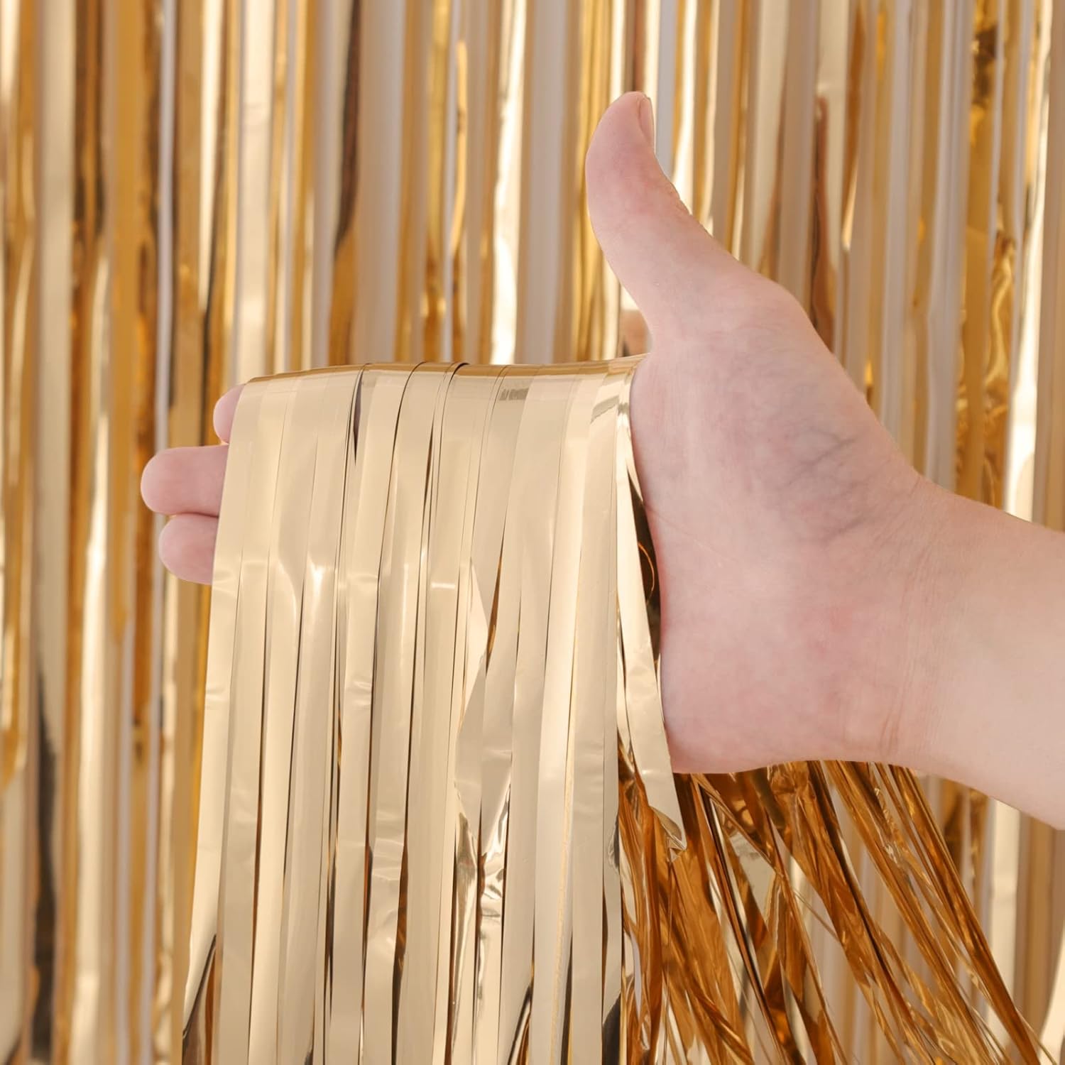 Voircoloria Champagne Foil Fringe Backdrop Curtains - 4 Pack Tinsel Streamers for Parties & Events