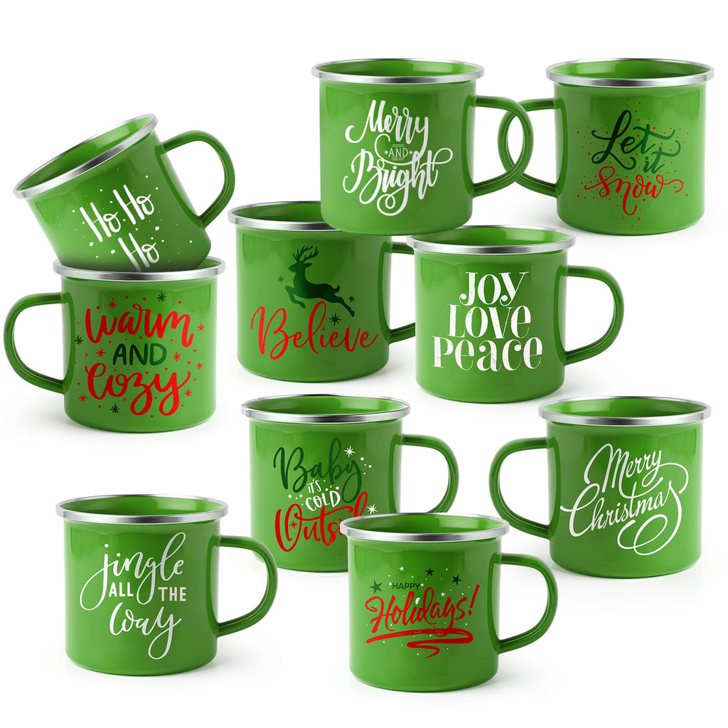 Uiifan 20 Pcs Christmas Enamel Mugs Bulk Cute 12 oz Galvanized Steel Festive Funny Novelty Coffee Cup Merry Christmas Mug Gift Set for Women Coworkers Teachers Hot Chocolate Tea (White Green)