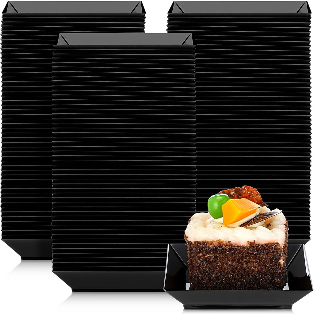 Zhehao 100 Pcs Plastic Dessert Appetizer Plates Disposable, 3.6 x 3.6 Inch Small Square Plastic Dessert Cake Snack Plate for Wedding Birthday Bridal Baby Shower All Occasion Party (Black)