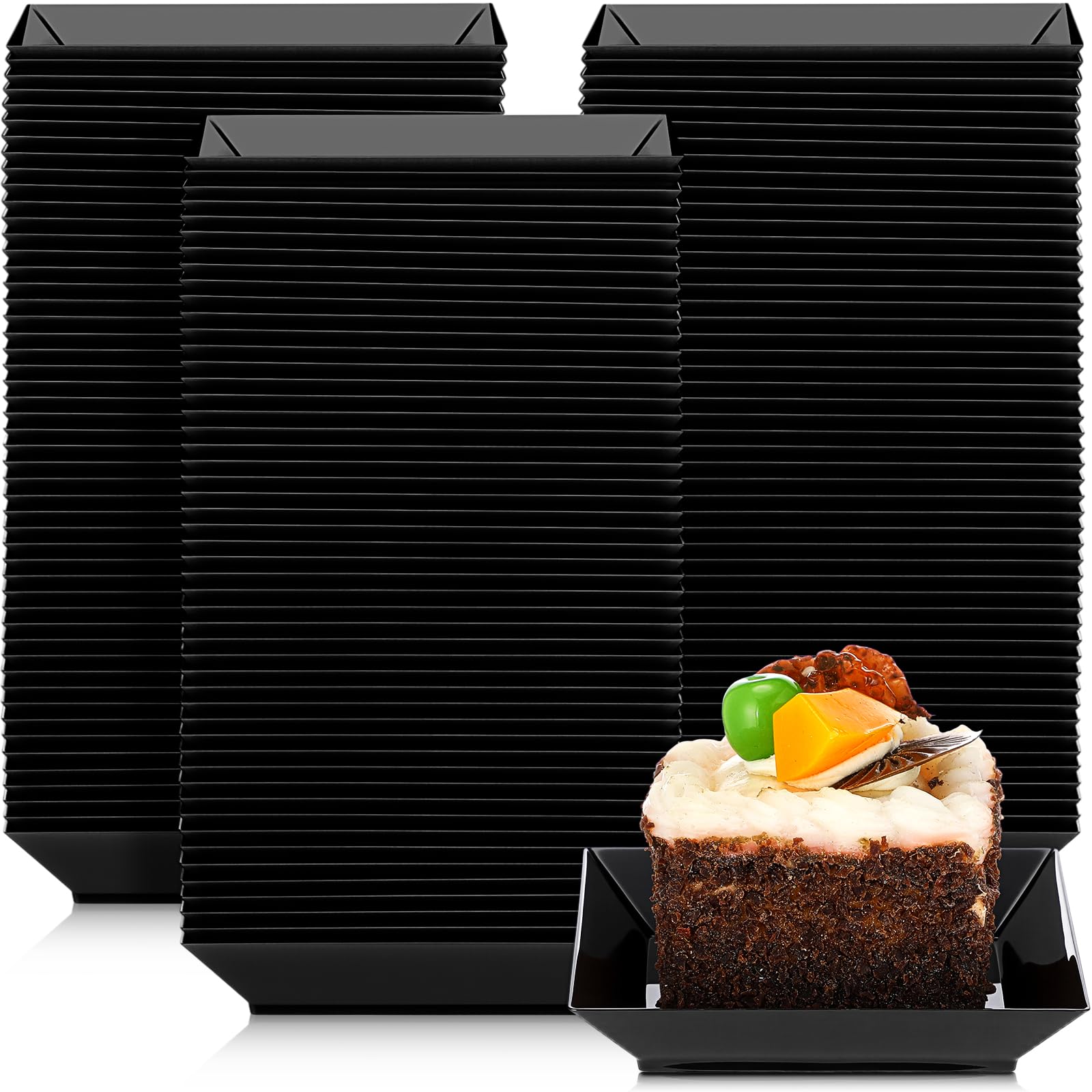Zhehao 100 Pcs Plastic Dessert Appetizer Plates Disposable, 3.6 x 3.6 Inch Small Square Plastic Dessert Cake Snack Plate for Wedding Birthday Bridal Baby Shower All Occasion Party (Black)