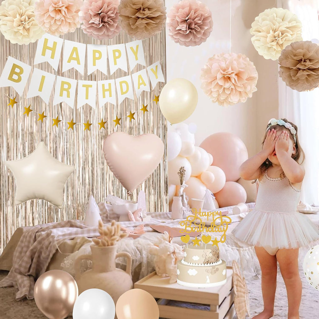 lambent Happy Birthday Decorations Kits for Women Girls,Champagne-Gold Beige Fall Boho Birthday Party Decorations with Foil Balloons,Birthday Banner,Star Banner,Fringe Curtain,Cake Topper