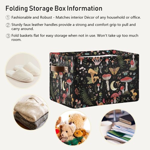 Mushroom Gothic Witch Storage Basket Bin for Shelves Closet Fern Leaves Foldable Fabric Storage Box Cube with Handles Kids Gifts Toy Clothes Shelf Basket Organizer for Bedroom Nursery Home Decorative