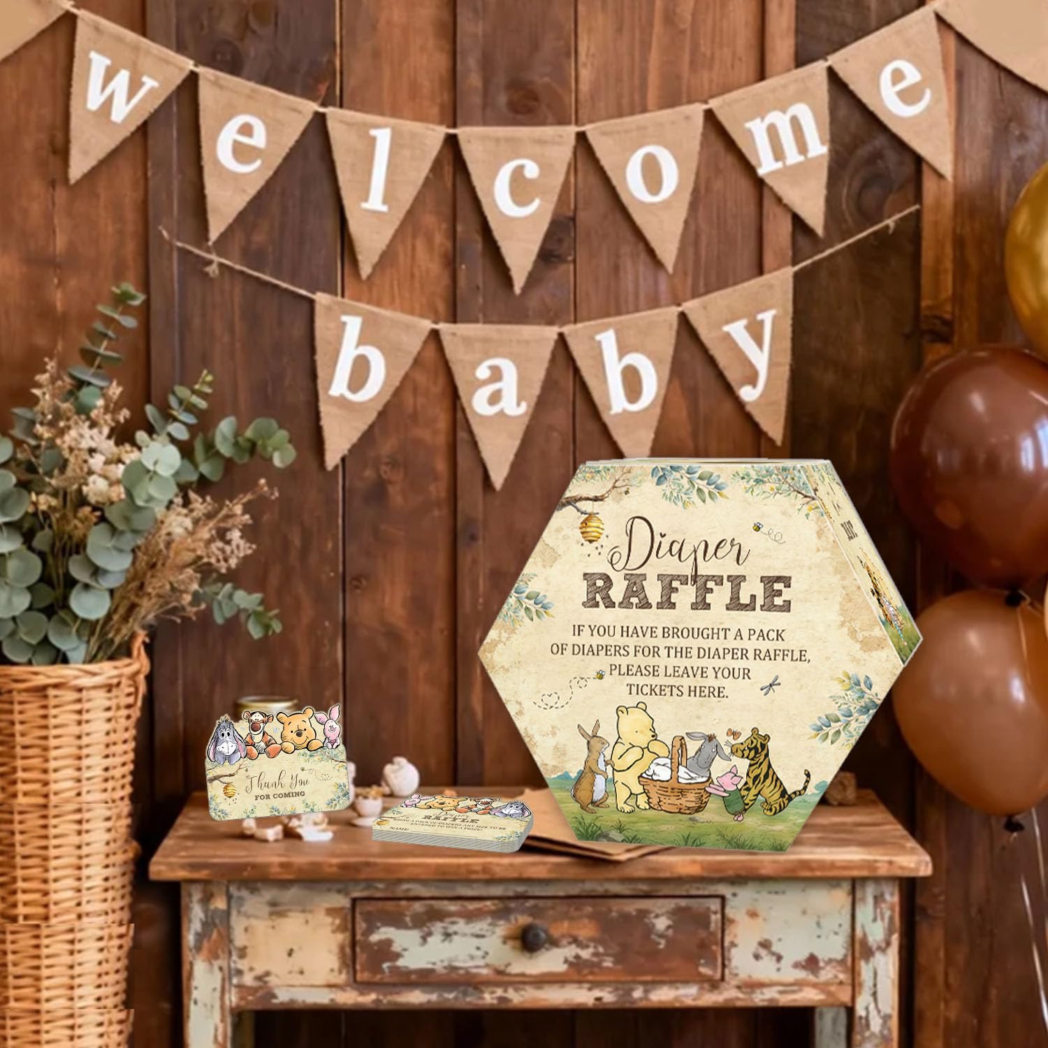 Winnie Baby Shower Diaper Raffle Hexagonal Box, 50 Bear Diaper Raffle Tickets with Box, Classic Baby Shower Game for Girls Boys, Pooh Baby Shower Party Centerpiece, Newborn Party Decoration Supplies