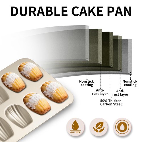 Shinsin Madeleine Pans Set of 2, Nonstick 12-Cavity Madeleines Mold Cookie Tray for Baking, Heavy Duty Warp Resistant Cute Shell Shape Madeleine Mold Cake Pan-Gold