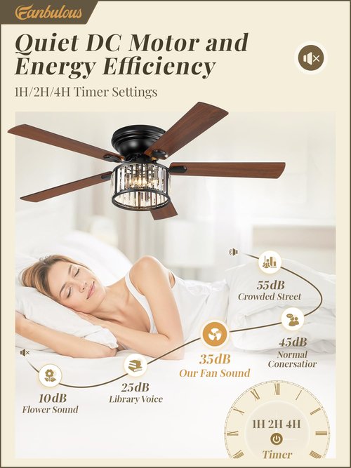 56 Inch Farmhouse Chandelier Ceiling Fan with Remote Control, Black Indoor Crystal Ceiling Fan with 6-Speeds, Quiet Reversible DC Motor, Flush Mount Ceiling Fans with Lights for Bedroom, Living Room
