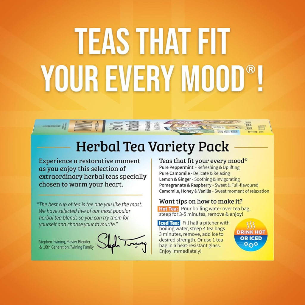 Twinings Herbal Tea Variety Pack - 20 Count (Pack of 6) | 5 Delicious Flavors, Naturally Caffeine-Free