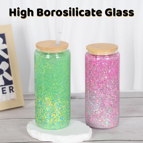 Maucircol 20 Oz Snow Globe Tumbler, 6 Pack Pre-Drilled Sublimation Glass Cup For Glitter Snow Globe Diy, Double Wall Sublimation Glass Tumbler