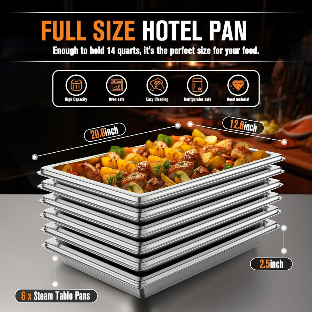 Hotel Pans Full Size 2.5" Deep, Restaurant Supplies Stainless Steam Table Pans 1/1 Size 22 Gauge Commercial Food Pans, 6 Pack Anti Catering Pans