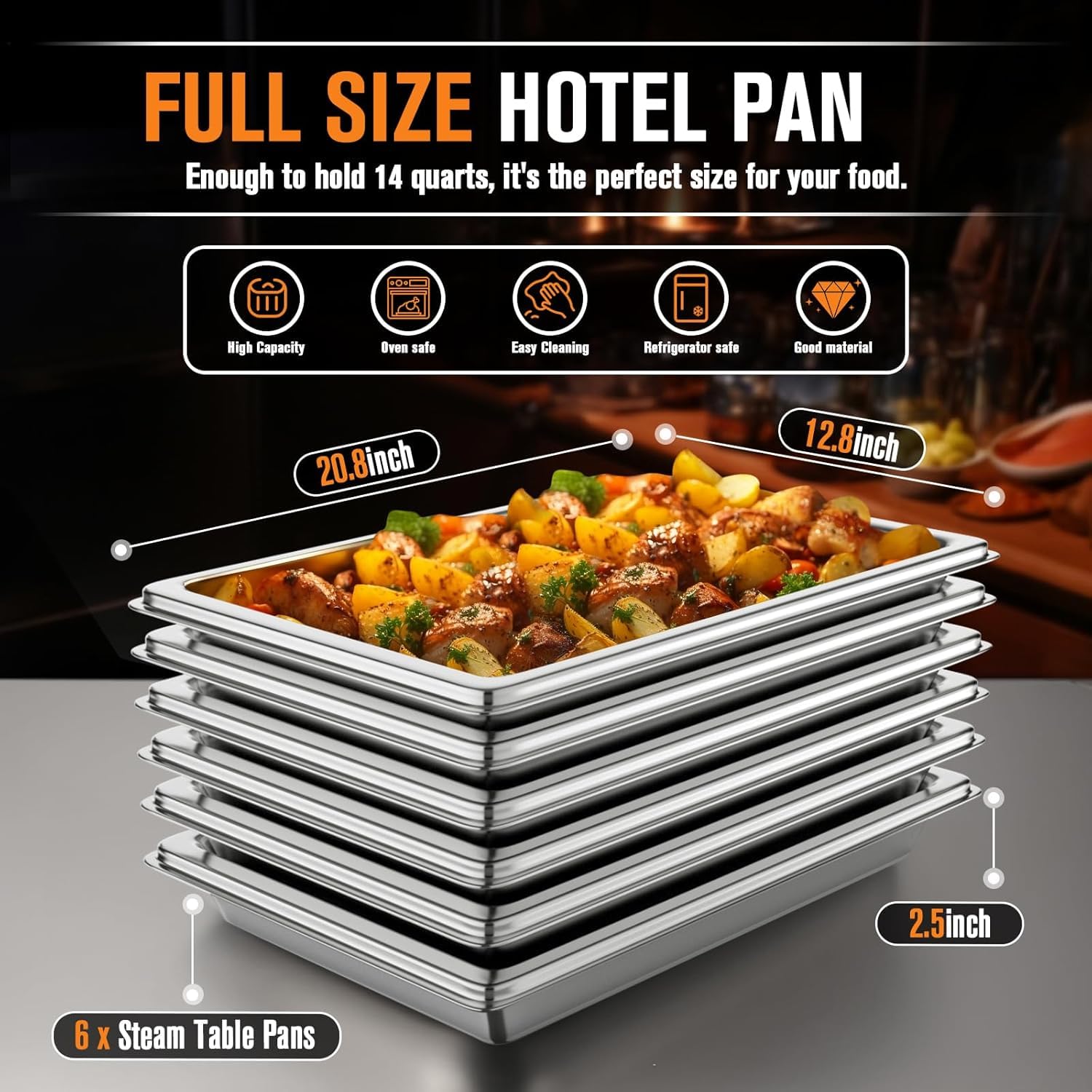 Hotel Pans Full Size 2.5" Deep, Restaurant Supplies Stainless Steam Table Pans 1/1 Size 22 Gauge Commercial Food Pans, 6 Pack Anti Catering Pans