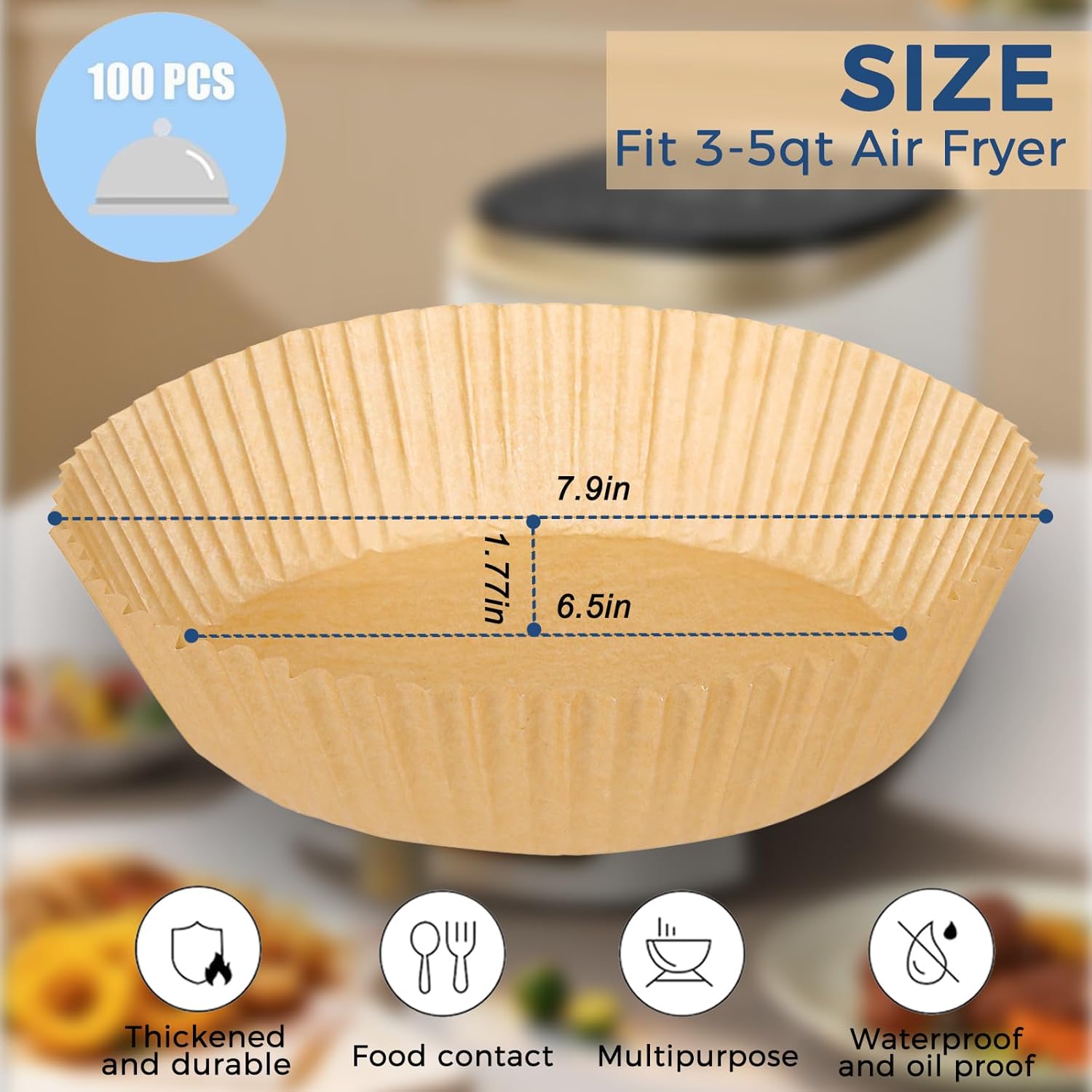 Skiennix Air Fryer Disposable Paper Liners - 100PCS Non-Stick Parchment for 3-5QT Baskets | 6.5 Inch Round