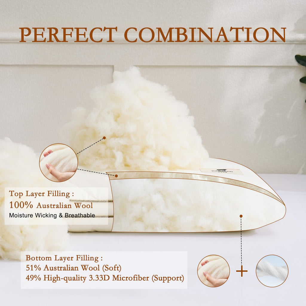 YOUR MOON Soft Natural Wool Pillow Queen, Flat & Thin Wool Pillow for Sleeping, Low-Loft Bed Pillows for Back and Stomach Sleepers, Breathable Soft Cotton Cover(Off White)