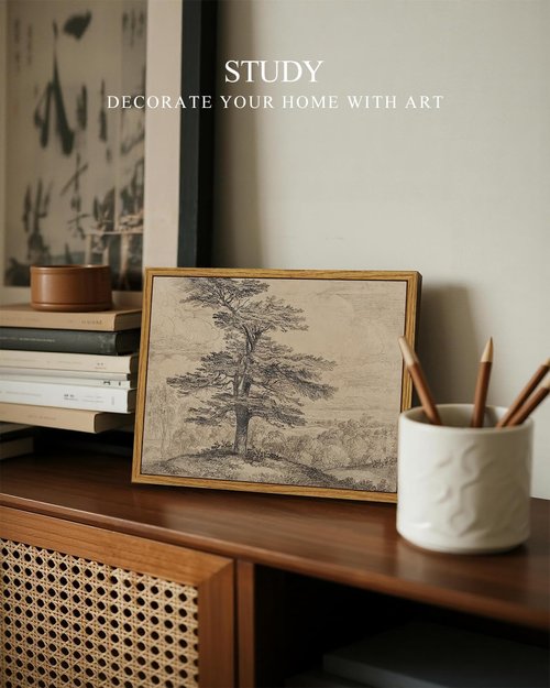 InSimSea Framed Canvas Wall Art - Rustic Tree Sketch Painting for Living Room | 10x8 in, Beige Tones